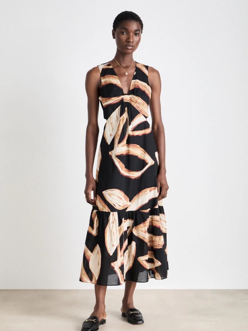 NWOT DKNY Black Floral-Print V-Neck Midi Dress
